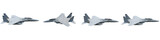 Side top view of fighter jet plane in flight showing different angles with sleek design and gray camouflage pattern