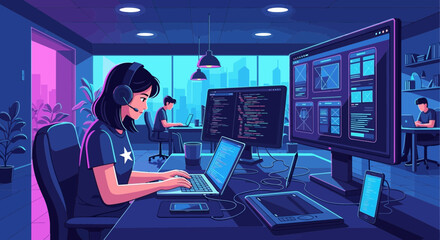 Concentrated young woman coding at a desk in a futuristic office environment