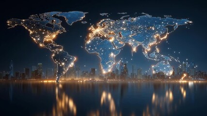 Wall Mural - a city skyline is reflected in the water, with a glowing globe in the background. concept of wonder 