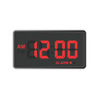 © Creativeclipcloud - A digital clock shows the time as 12:00 with the AM/PM indicator displayed.  The clock also has an alarm setting. The numbers are red against a black display.