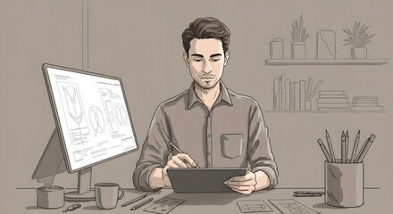 Illustration of a young male graphic designer drawing on a digital tablet at his creative workspace desk