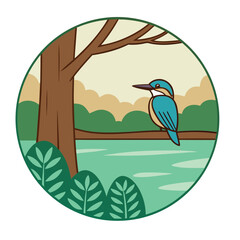 kingfisher perched on tree branch overlooking scenic lake view