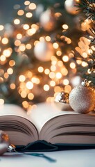 Wall Mural - Enchanting Holiday Atmosphere with Open Book, Sparkling Lights, and Warm Golden Hour Glow Effect