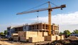 © 솔이 최 - A large tower crane lifts materials at a new apartment building construction site under a clear sky
