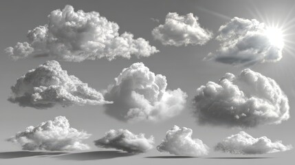 Wall Mural - Cloud formations isolated on gray background, various shapes, sizes, and densities