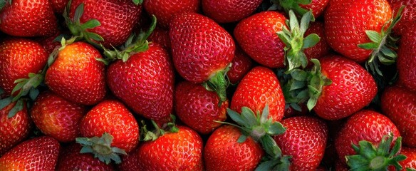 Wall Mural - The Strawberries Closeup Display of Fresh Ripe Red Berries with Green Leaves