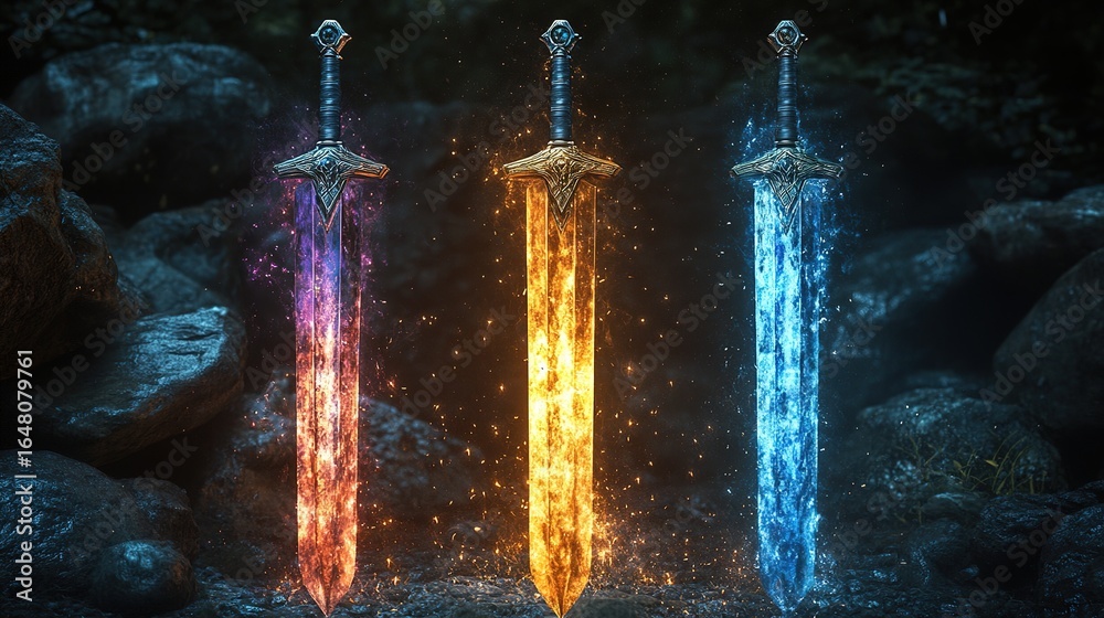Epic battle of elemental swords enchanted forest digital art fantasy ...