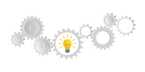 Illustration with linked gears, with the center gear containing a glowing lightbulb, suggesting process, engineering, and idea generation.