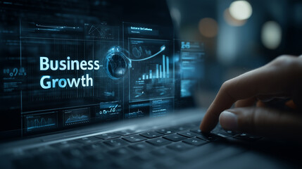 A hand typing on a laptop with business growth metrics displayed on the screen