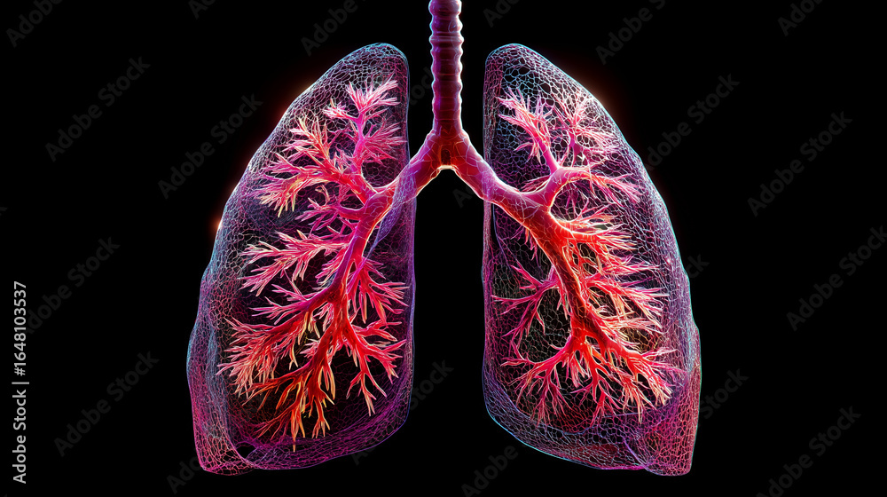 Illustration of human lungs showing bronchioles against a black ...