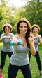 © Mono - Three smiling women exercising outdoors with dumbbells, enjoying a fitness routine in a sunny park.