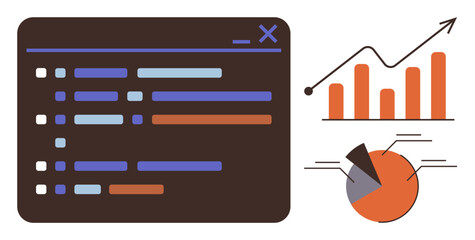 Data interface with organized code blocks alongside an upward-trending graph, bar chart, and pie chart. Ideal for analytics, programming, statistics, reporting, data science, business growth