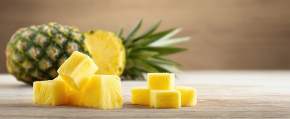 Wall Mural - The Pineapple Cubes and Whole Pineapple on Rustic Wooden Surface with Soft Lighting