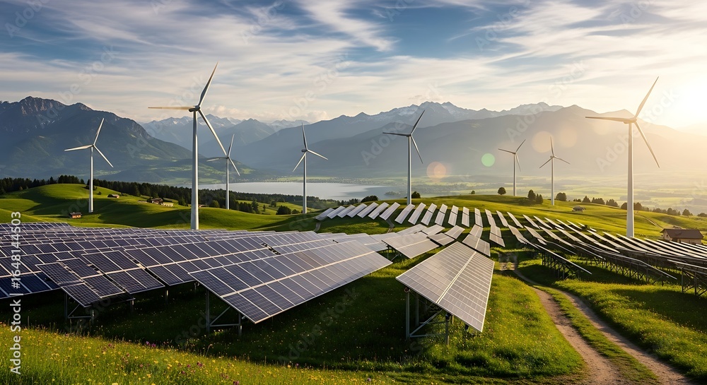 Renewable Energy Landscape Solar Panels and Wind Turbines on Rolling ...