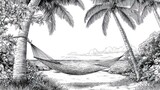 Tropical hammock scene, monochrome drawing