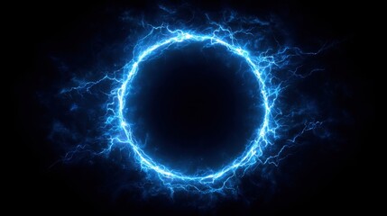 Wall Mural - stunning photo of electric blue lightning frame with plasma portal on dark background. round glowing