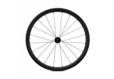 Black carbon deep rim racing bicycle wheel with aerodynamic profile and radial spoke pattern side view for cycling product photography