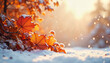 © Alsy - Autumn leaves covered in snow with sunlight in winter scenery