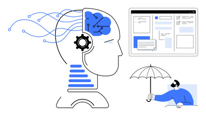 Human holding umbrella, digital head with circuits and gears, and software interface screen. Ideal for AI, machine learning, innovation, creativity, human-computer interaction, technology simple