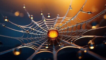 spiderweb with water droplets and central amber droplet