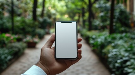 Person holding blank phone screen in garden path