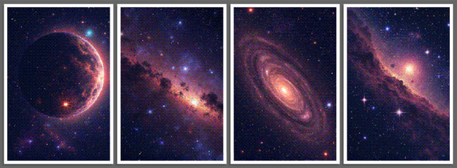 Wall Mural - set of pixelated posters with futuristic deep space scene in pixel art style with dithering effect. 