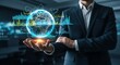 © Yusri Adi - Confident businessman holding glowing digital globe with financial data charts, symbolizing global success