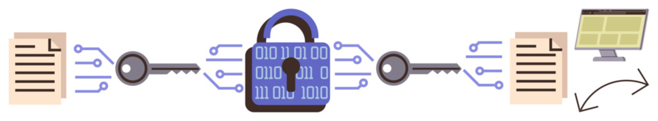 Lock illustration with binary code, keys, documents, and computer screen denoting encrypted communication. Ideal for cyber security, data protection, encryption, secure transfer, privacy digital