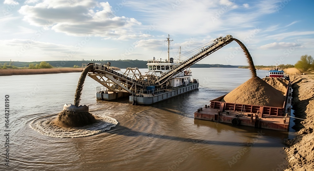 Sand Dredging Operations on River with Barge and Heavy Machinery View ...