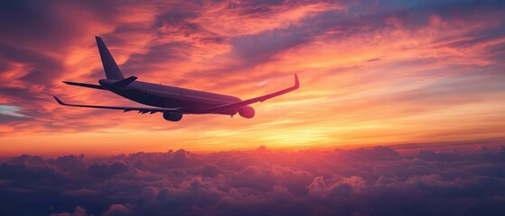 Wall Mural - Commercial airplane flying above dense clouds with a vibrant orange and purple sunset sky creating a dramatic and peaceful atmosphere