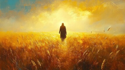 Wall Mural - Silhouette of a person walking through a golden wheat field towards a bright, glowing horizon under a partly cloudy sky