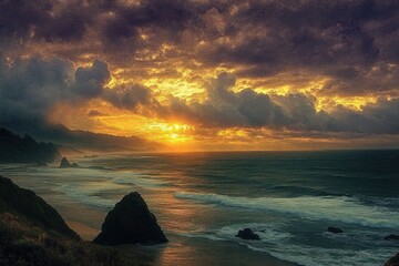 Wall Mural - dramatic sunset over a rocky coastline with waves crashing and dark clouds glowing with orange light