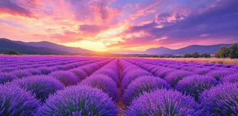 Wall Mural - Vibrant purple lavender field stretching towards colorful sunset with mountains in the background under a partly cloudy sky