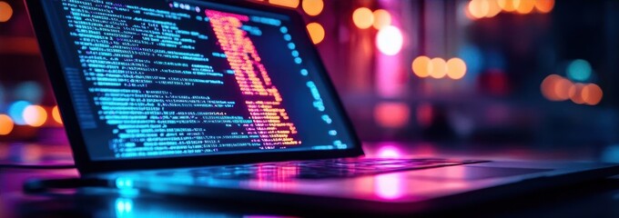 Close-up of a laptop keyboard and screen displaying colorful programming code with blurred vibrant lights in the background creating a futuristic tech atmosphere
