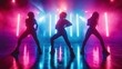 © k - Silhouettes of three dancers striking poses on a shiny floor with vibrant pink, purple, and blue neon lights and fog creating an energetic and dramatic atmosphere