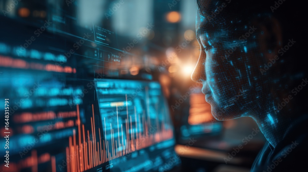 Individual engaged in analysis while observing computer screen for ai ...