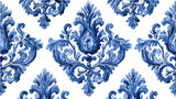 Watercolor painted indigo blue damask seamless pattern on a white background, spanish tile with hand drawn baroque and floral ornaments in mediterranean majolica ceramic painting style