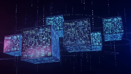 Cubes displaying binary code on a dark blue background