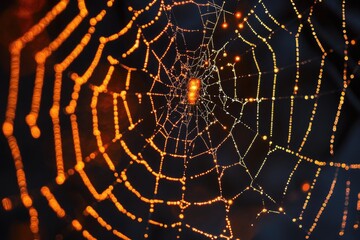Close-up of an intricate spiderweb adorned with dew, glowing amber and gold in the dim light, radiating from the center outwards, with a dark, blurred background