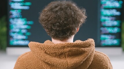 Person with curly hair wearing a hooded jacket back view looking at a computer screen displaying code