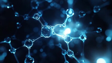 Wall Mural - close-up view of blue molecular structure with glowing particles in dark background