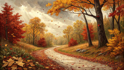 Fall foliage scenic road autumn forest landscape painting nature scene trees leaves path way background