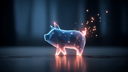 Wall Mural - a glowing holographic pig made of interconnected lines and dots emits sparks from its tail