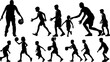 © VectorVista - Silhouette illustration of a group of people playing basketball and practicing dribbling skills on a white background