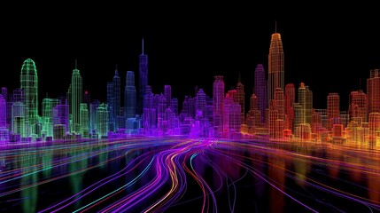 Wall Mural - abstract city skyline with colorful wireframe buildings & light trails
