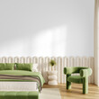 © Visio3Design - Isolated PNG of Bedroom with Green Bed, Modern Chair and White Side Table, Transparent Background