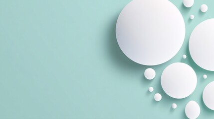 Wall Mural - abstract composition of white circles with soft shadows on a light teal background