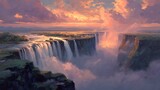 Majestic victoria falls at sunset with dramatic clouds and misty spray