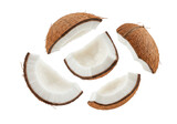 Fresh coconut pieces isolated on transparent background, showcasing the white flesh and brown fibrous husk, a healthy tropical fruit
