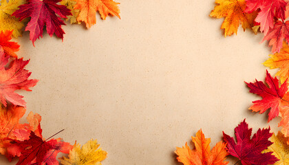 Poster - Autumnal frame of vibrant red, orange, and yellow maple leaves on a warm beige background. Cozy fall seasonal banner template with ample copy space for Thanksgiving or sale promotions.
